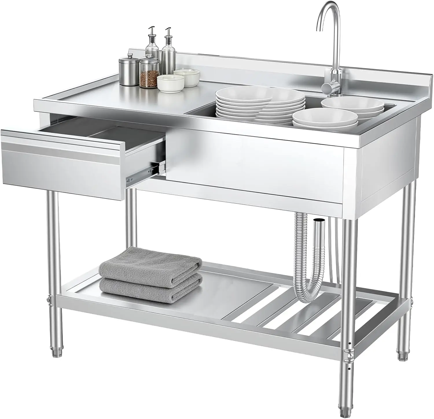 Commercial Kitchen Plumbing - 스테인리스 스틸 서랍형 싱크대, 배관 포함,