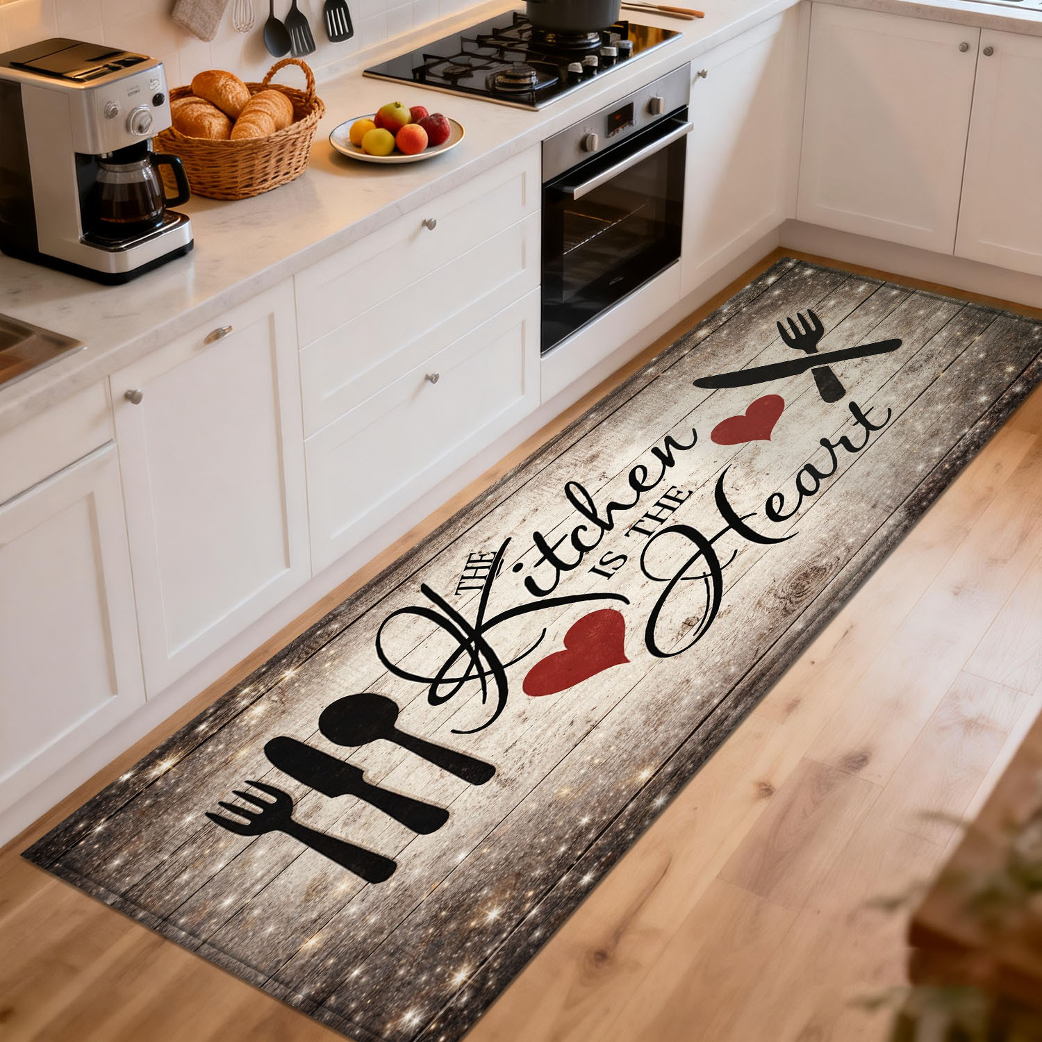 소박한 나무풍 주방용 러너 러그, 식기 및 하트 그래픽 - Commercial Kitchen Quotes 리뷰 및 가격
